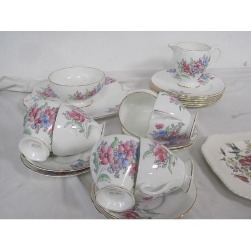 69 - Heathcote foliate china tea ware, and three Johnson Bros Birds of Paradise plates