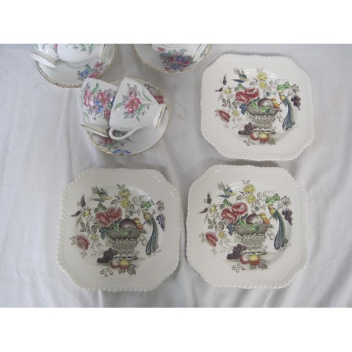 69 - Heathcote foliate china tea ware, and three Johnson Bros Birds of Paradise plates