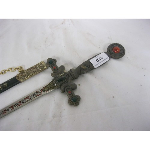 120 - A vintage Masonic sword in scabbard, imitation gemstones to guard and hilt, with mounting chain