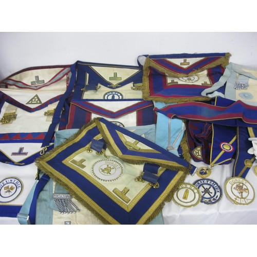 11 - A large tray containing assorted Masonic regalia including Mark, Royal Arch, Craft etc plus gloves e... 