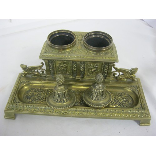 80 - A very ornate classical brass inkwell desk stand with 2 inkwells over pen tray