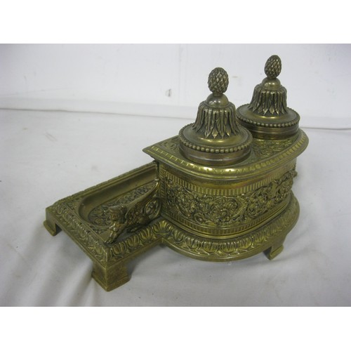 80 - A very ornate classical brass inkwell desk stand with 2 inkwells over pen tray