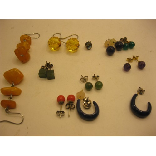 82 - 10 pairs of assorted earrings including amber and 9 carat gold mounted amethyst balls