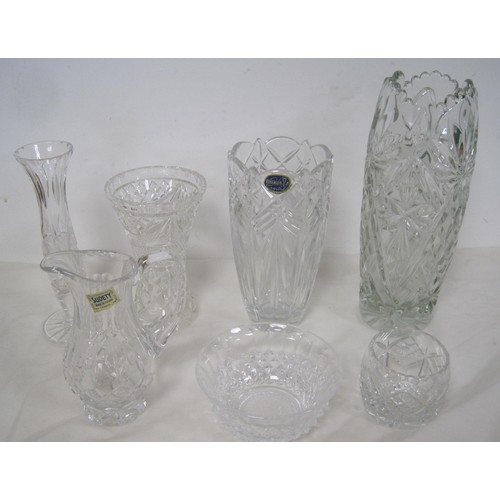 137 - A Bohemia Crystal vase (height 19.5cm), a Sudety crystal jug, together with five other glass vases a... 