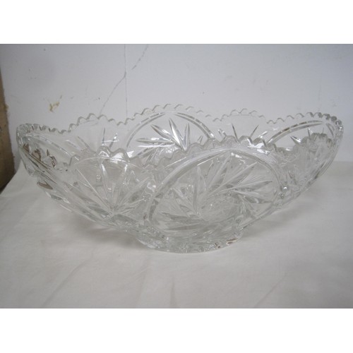 151 - A moulded glass gondola bowl, a footed glass fruit bowl (diameter 26cm), a decoratively moulded plat... 