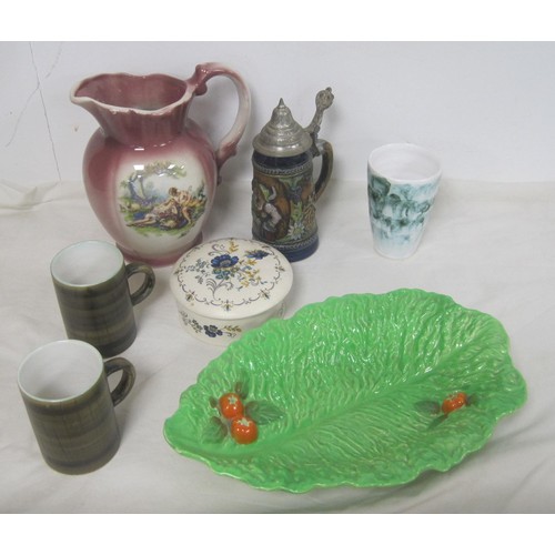 155 - Assorted pottery - two Cinque Pottery Rye mugs, a Purbeck Ceramics trinket jar, a Crown Devon leaf d... 