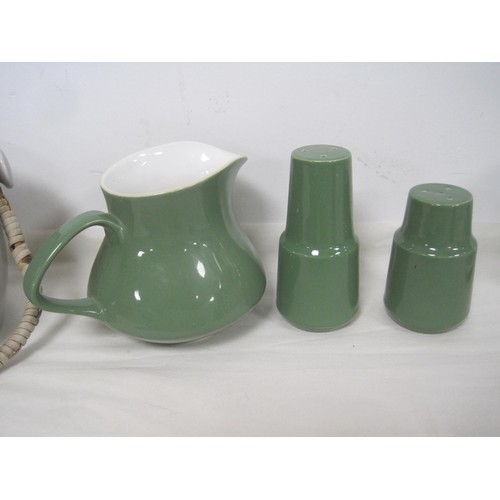 156 - Assorted Poole Pottery dining ware - an ice green salt and pepper on stand, a mushroom biscuit barre... 