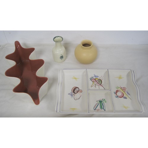 157 - Poole Pottery - an hors d'oeuvres crudités dish (a/f chipped), a red Twintone C95 wavy edge deep dis... 