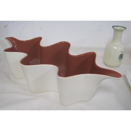 157 - Poole Pottery - an hors d'oeuvres crudités dish (a/f chipped), a red Twintone C95 wavy edge deep dis... 