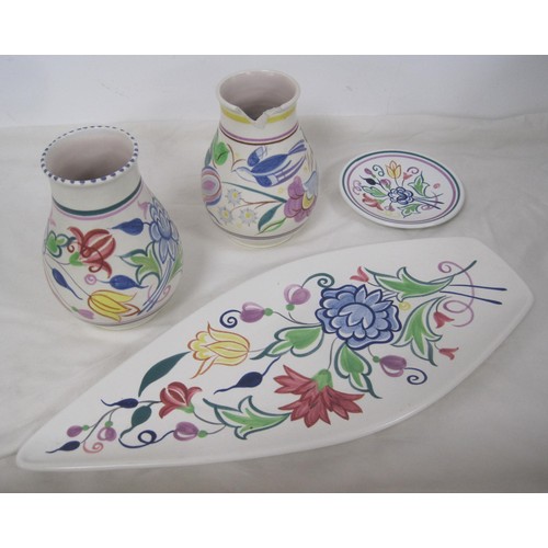 159 - Poole Pottery traditional pattern - leaf shape platter, small round dish, vase (height 15cm), and an... 