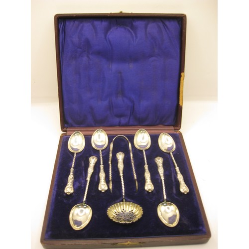 85 - A cased set of silver teaspoons wih matching tongs and sugar sifter spoon, approx weight 61g, hallma... 