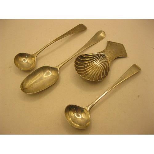 95 - Georgian silver items, shell bowl, caddy spoon, pair large salt spoons and a pattern back bowl teasp... 