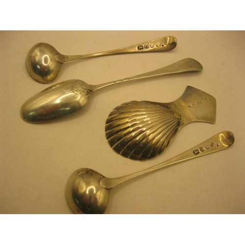 95 - Georgian silver items, shell bowl, caddy spoon, pair large salt spoons and a pattern back bowl teasp... 