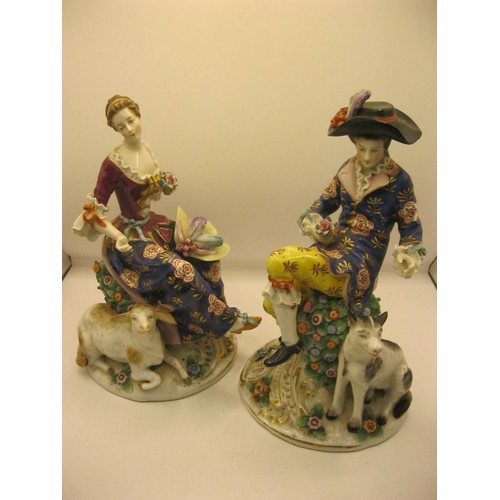 106 - A pair of continental porcelain figurines of a man with a hound and a woman with a sheep, slight a/f