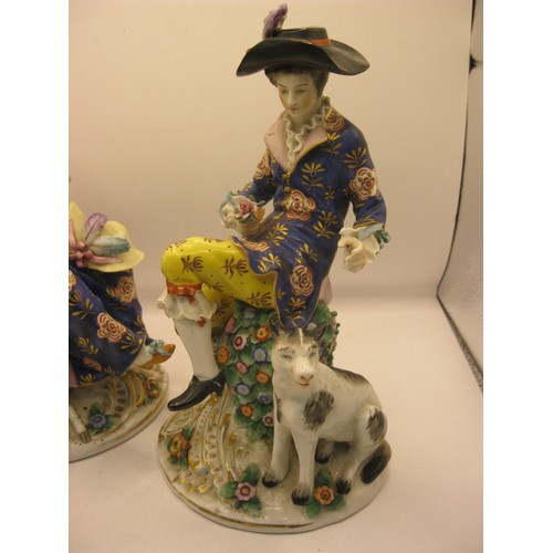 106 - A pair of continental porcelain figurines of a man with a hound and a woman with a sheep, slight a/f