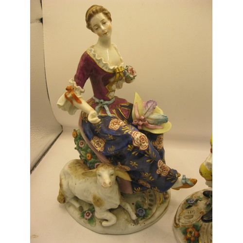 106 - A pair of continental porcelain figurines of a man with a hound and a woman with a sheep, slight a/f