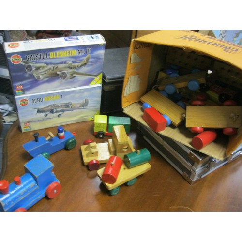 168 - Small Box of wooden toys, some Early Learning in fair condition AF. 2 Airfix aircraft kits.