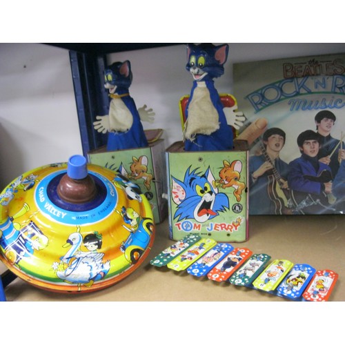 189 - Two Mattel Tom & Jerry Music Box Toys(AF) One Chad Valley Spinning Top. Tin Plate Glockenspiel(AF)