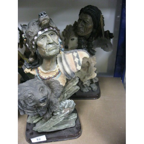 63 - A pair of Academy resin busts of Native American chiefs with wolves heads, on wooden bases, height a... 