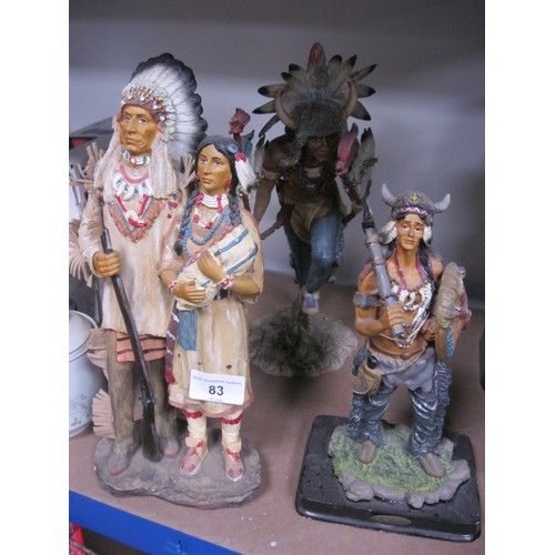 64 - Three resin figures of Native Americans - Shaman with staves, couple, and warrior with axe and shiel... 