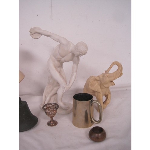 95 - A box of interesting items. Includes a resin bust, resin figure of elephant, trinket box with emboss... 