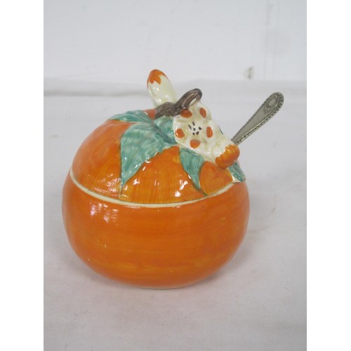 100 - A Clarice cliff Jam pot (a/f) in the Orange pattern, Clarice cliff Sauce boat for Royal Staffordshir... 