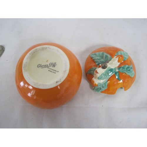 100 - A Clarice cliff Jam pot (a/f) in the Orange pattern, Clarice cliff Sauce boat for Royal Staffordshir... 