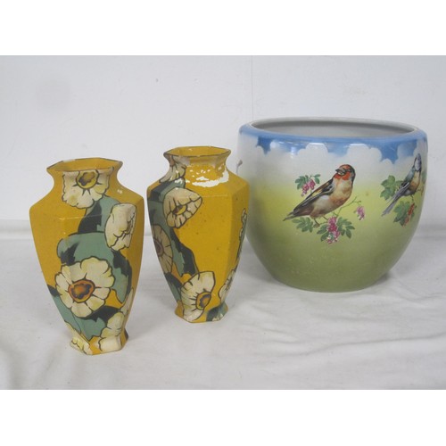 107 - French planter with birds in natural surrounding along with two Brentleigh ware vases all as per pic... 