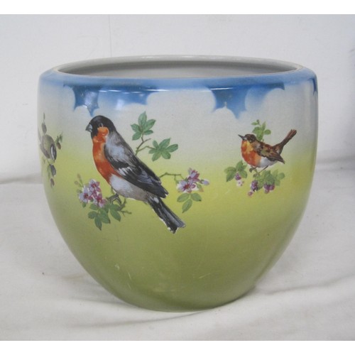 107 - French planter with birds in natural surrounding along with two Brentleigh ware vases all as per pic... 