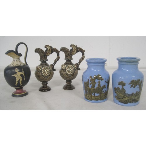 108 - Two Pratt ware Victorian spill vases, two small Majolica style jugs and a tourist Greek style jug