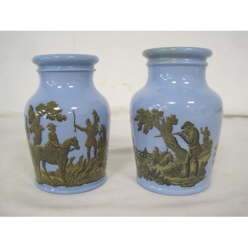 108 - Two Pratt ware Victorian spill vases, two small Majolica style jugs and a tourist Greek style jug