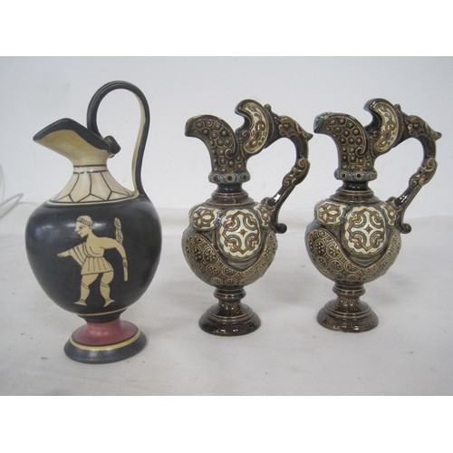 108 - Two Pratt ware Victorian spill vases, two small Majolica style jugs and a tourist Greek style jug