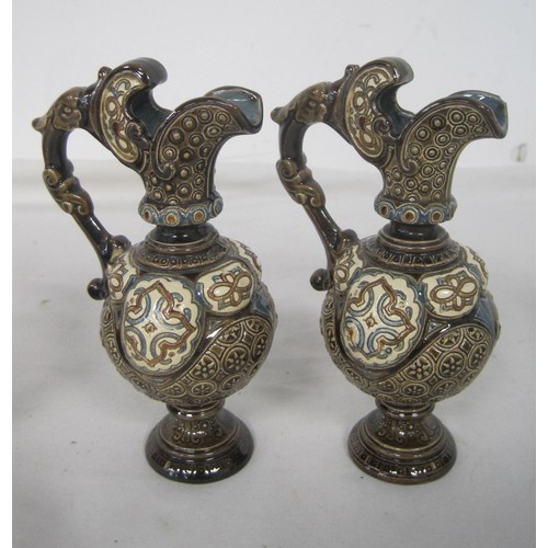 108 - Two Pratt ware Victorian spill vases, two small Majolica style jugs and a tourist Greek style jug