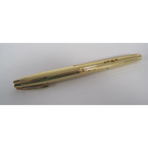 123 - A Sheaffer white dot gold-plated fountain pen with nib stamped 585 14K, ribbed barrel and lid, in pr... 