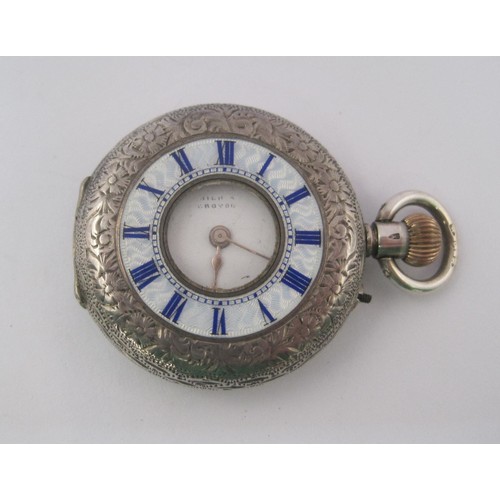 152 - A lady's 935 foreign silver half hunter enamelled fob watch. The silver case (diameter 33mm) with fo... 