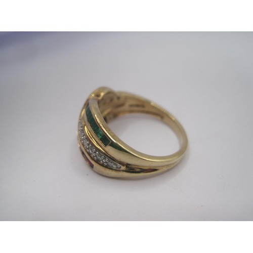 154 - A pretty 9 carat gold dress ring set with crossover lines of small diamonds, rubies, emeralds and sa... 