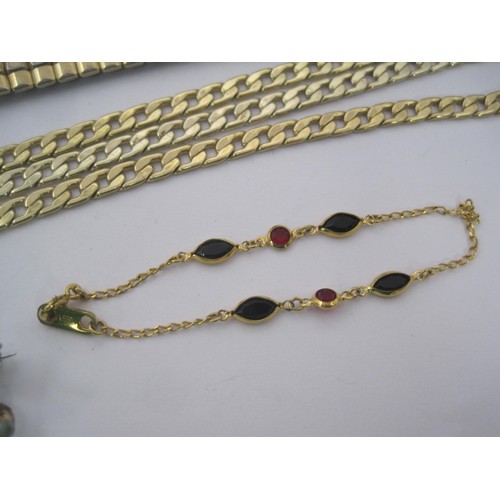 173 - A small quantity of costume jewellery - a gold-plated neck chain, length 81cm; a mosaic mandolin bro... 