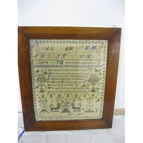 224 - An antique embroidery sampler, framed and glazed, marked for Eliza Maria Thrower Age 16 Sept 16. Som... 