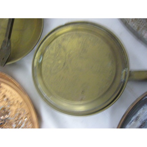 230 - A large tub of brasswork and other items including a copper frying pan, brass charger decorated with... 