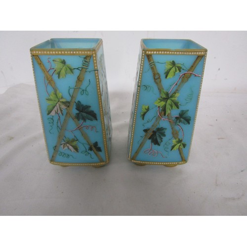 32 - A pair of French opaline glass vases featuring continental  birds. Vases approx 6 inches tall by 2.5... 