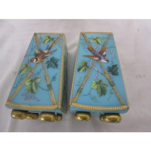 32 - A pair of French opaline glass vases featuring continental  birds. Vases approx 6 inches tall by 2.5... 