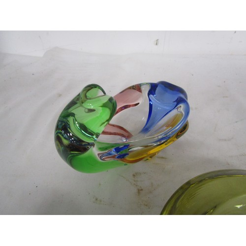 43 - Six pieces of Murano style glass along with a three footed glass bowl by Bleikristall Crystal.
All p... 