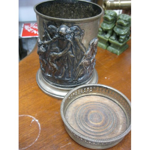 30 - An interesting silver plate antique wine cooler and stand, the cooler with classical relief decor.