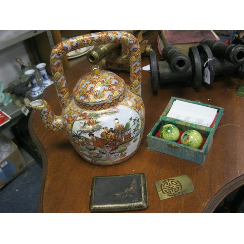 51 - A Chinese Satsumaware tea pot of substantial size, in good order, a Japanese cigarette case with 24 ... 