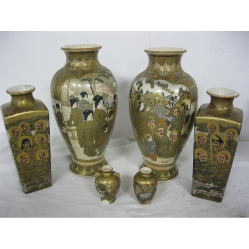 83 - A set of three pairs of matched Satsumaware vases, one of the small vases has a chip to base but oth... 