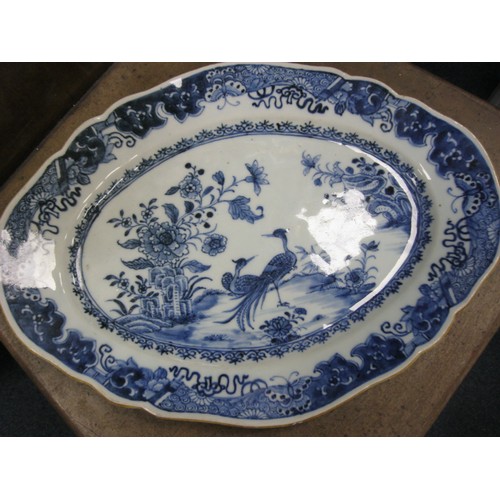 103 - A mid- to late-Victorian Chinese serving platter with blue underglaze, featuring a pair of cranes in... 