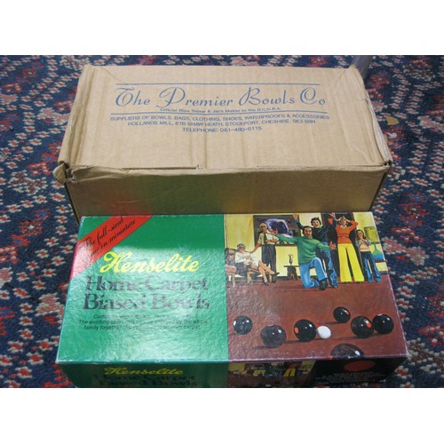 100 - Boxed vintage carpet bowls set, plus two boxed full-size vintage bowling woods.