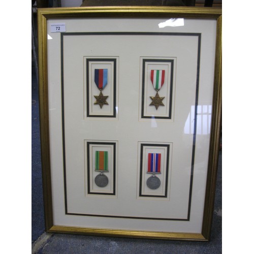 72 - A group of four WWII medals, mounted, framed and glazed to a high standard. The Defence Medal, the W... 