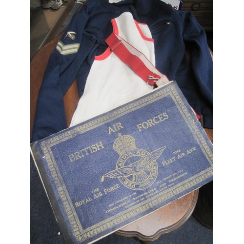 107 - Army PTI Corporals Uniform track top, vest and belt and a vintage book on the Royal Air Force