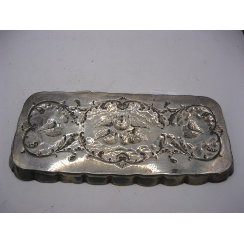 8 - An oblong silver tray with crimped rim and embossed decoration after Sir Joshua Reynold's Angels Hea... 